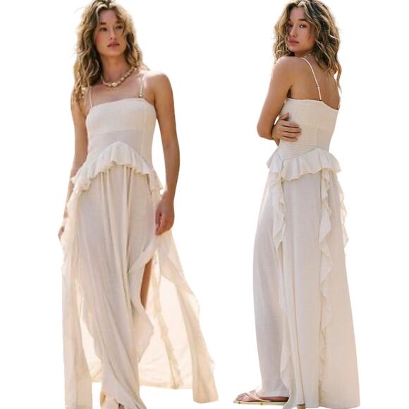 Free People Dresses & Skirts - Free People Myra Maxi Dress Ruffled Convertible Straps Side Slits Linen Blend M
